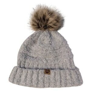 David & Young D&Y Women's Beanie Warm Stretchy Knit Hat Faux Fur Pom Gray Brown